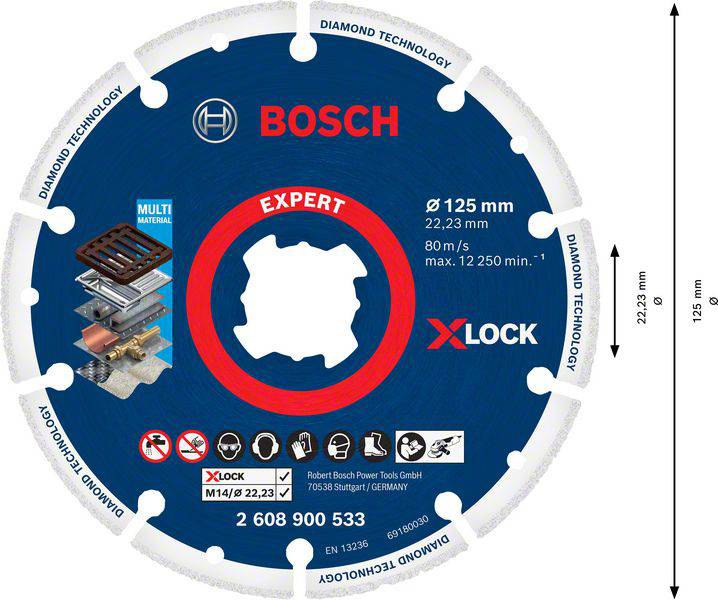 Schleifscheibe mit 'X-LOCK'-System von Bosch für Multimaterial, 125 mm Durchmesser, maximale Drehzahl 12.250 U/min.
