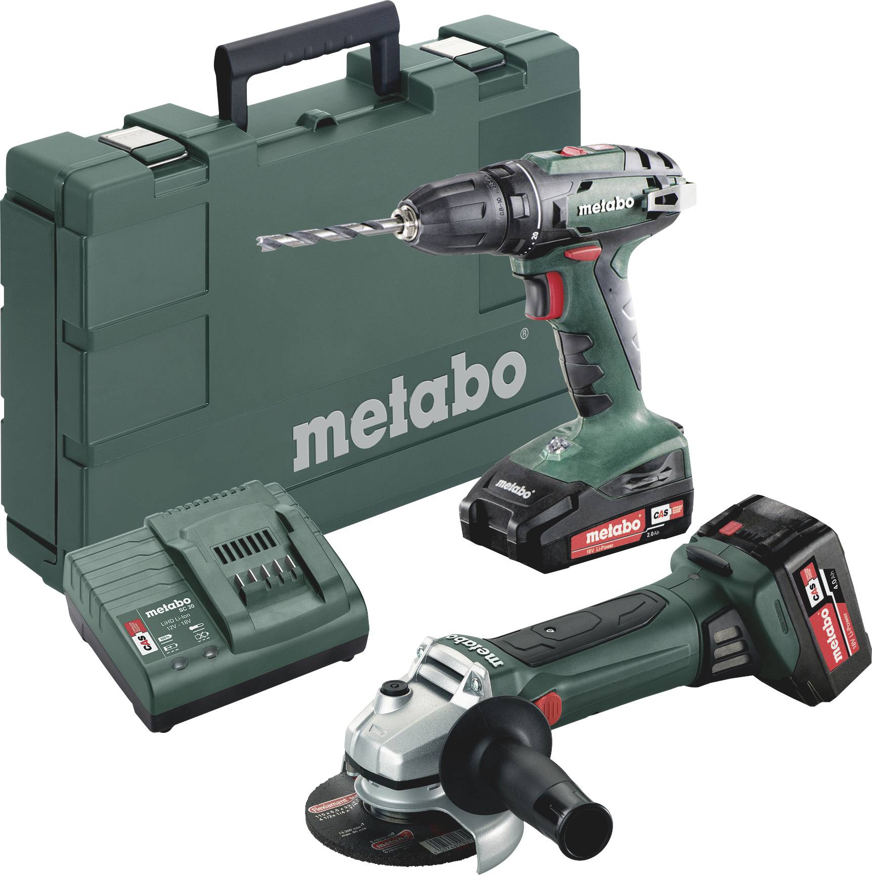 Metabo 685082000 Akku-Bohrschrauber, Winkelschleifer 18 V 4 Ah, 2 Ah Li-Ion