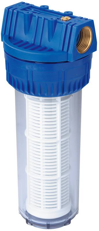Blaues zylindrisches Wasserfiltergehäuse mit klarer unterer Kammer, die eine weiße Patrone und Messinggewinde-Ein-/Auslass zeigt.