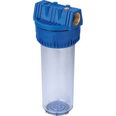 Blauweißes Wasserfiltergehäuse mit durchsichtigem zylindrischem Filterpatronengehäuse und Gewindeeinlass oben, isoliert auf weißem Hintergrund dargestellt.