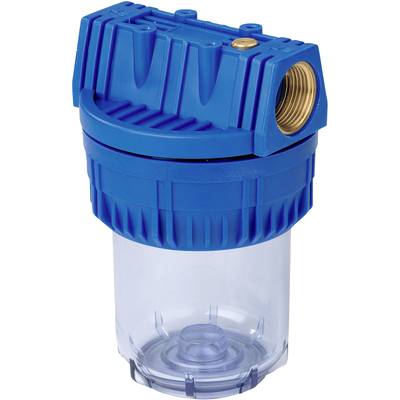 Blauer Wasserfilter mit transparentem Behälter, oben mit Metallanschluss. Geeignet für den Einsatz in Wasserreinigungssystemen.