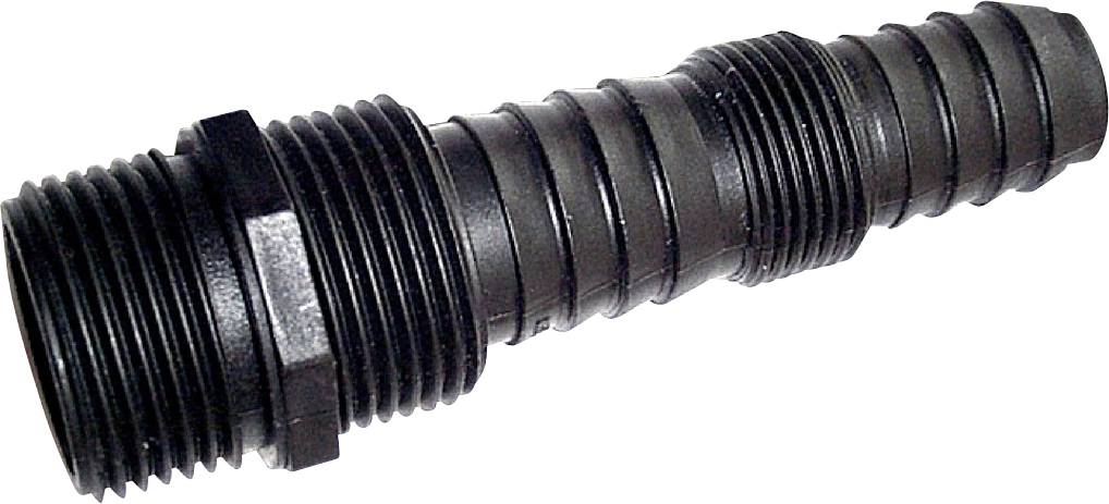 Schwarzer Kunststoff-Wellrohrverbinder mit Gewinde an den Enden, gezeigt auf weißem Hintergrund.