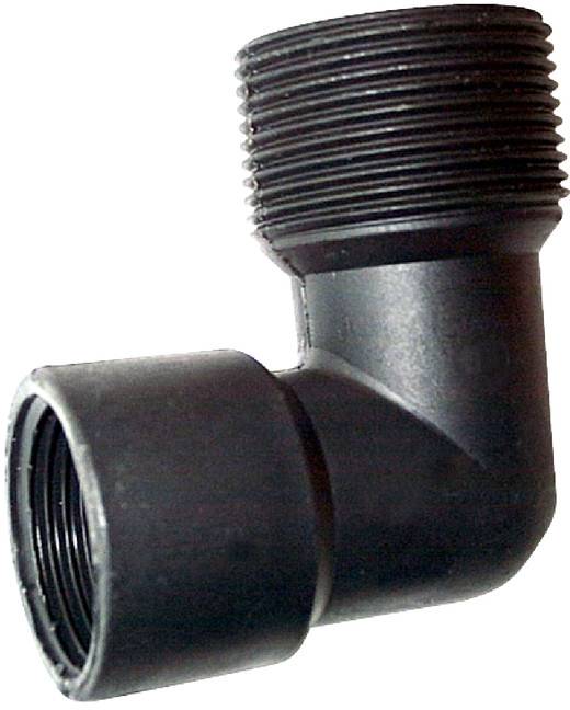Schwarze Kunststoff-Rohrbogenfitting mit 90-Grad-Winkel mit Innengewinde-Anschluss an der Seite und Außengewinde-Anschluss oben.
