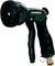 Grüner Gartenschlauch-Spritzkopf von Metabo mit schwarzem Griff und mehreren Sprühfunktionen.