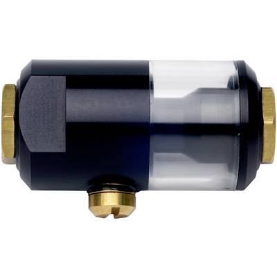 Ein schwarzes Metallzylinder-Bauteil mit einem durchsichtigen Abschnitt und goldenen Details, möglicherweise ein technisches Gerät.