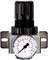 Ein Druckmanometer mit schwarzem Regler zeigt 0 bis 230 psi und 0 bis 16 bar an. Es hat eine sichtbare Skala und zwei Montagehalterungen.