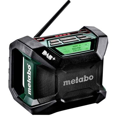 Kompaktes Metabo Baustellenradio mit integriertem Digitaldisplay, DAB+ Empfang, robustem Gehäuse und Antenne für optimalen Empfang.