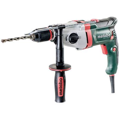 Eine elektrische Handbohrmaschine mit einem Metallbohrer und einem zusätzlichen Griff für bessere Stabilität.