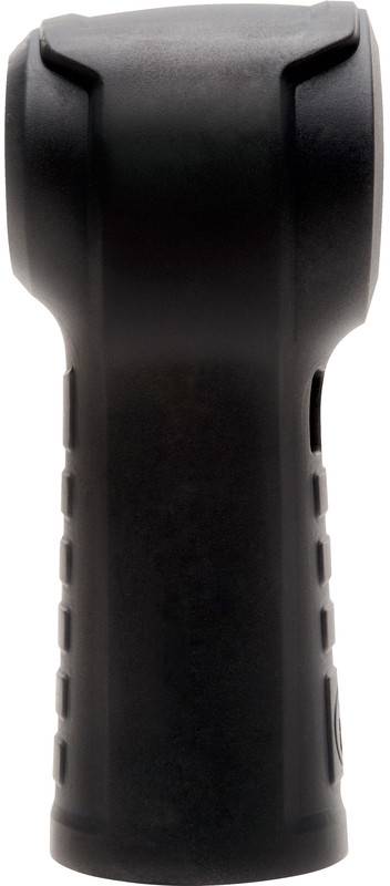 Schwarze tragbare Taschenlampe oder Fackel aufrecht vor weißem Hintergrund abgebildet, mit Griff und Kopf sichtbar.
