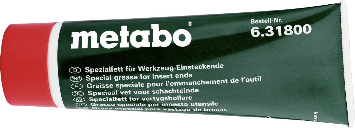 Metabo Spezialfett in einer grünen Tube mit roter Kappe, gekennzeichnet mit "Bestell-Nr. 6.31800" für Werkzeugeinsatzenden und Sägeblatt-Wellen.