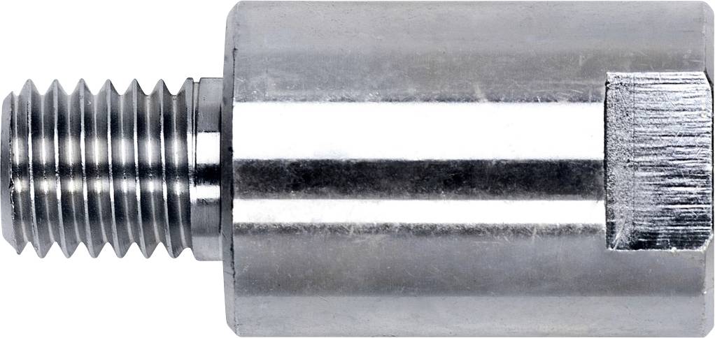 Nahaufnahme einer metallischen Gewindeschraube oder Verbindung mit einem sechseckigen Ende, horizontal auf weißem Hintergrund dargestellt.