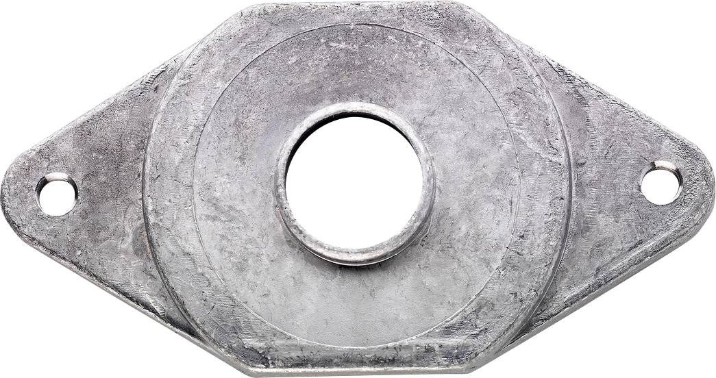 Metallmontagehalter mit einem großen mittigen Loch und zwei kleineren seitlichen Bolzenlöchern, auf weißem Hintergrund dargestellt.