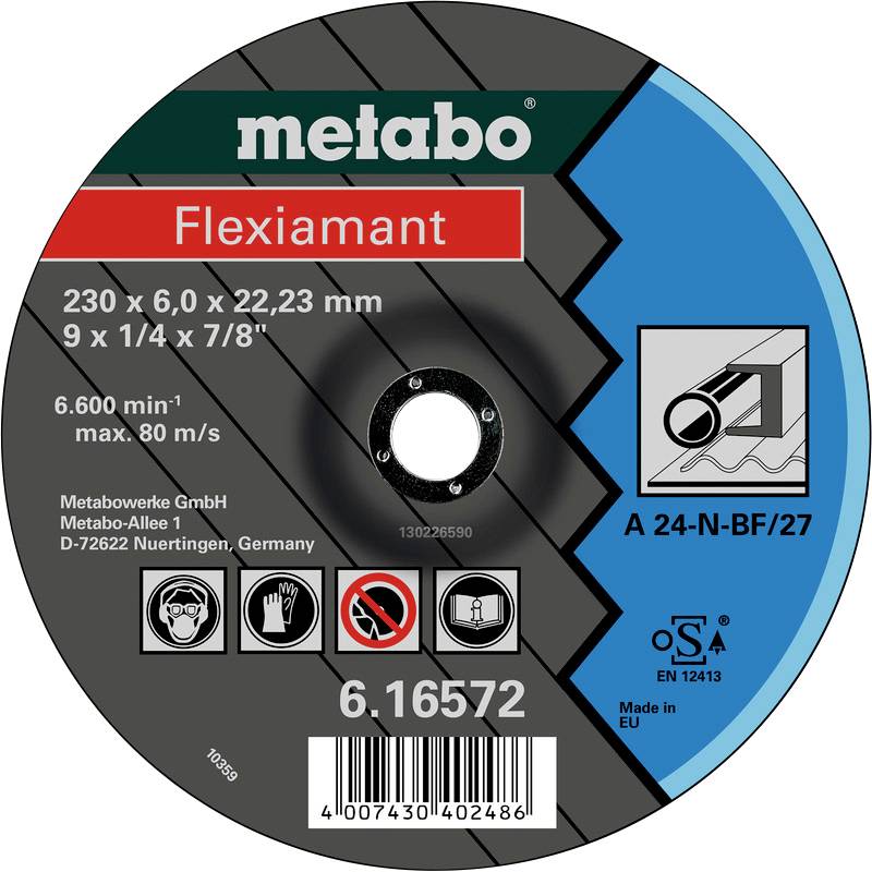 Schleifscheibe-Label von Metabo mit 'Flexiamant', 230 mm x 6,0 x 22,23 mm, zeigt Richtungspfeil und Sicherheitssymbole.