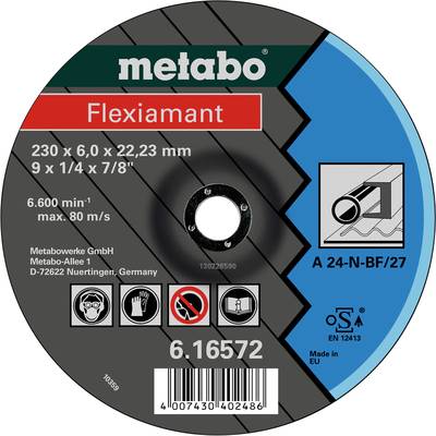 Schleifscheibe-Label von Metabo mit 'Flexiamant', 230 mm x 6,0 x 22,23 mm, zeigt Richtungspfeil und Sicherheitssymbole.