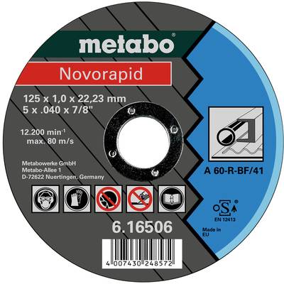 Auf dem Etikett einer Metabo Trennscheibe steht: 'Novorapid', 125 x 1,0 x 22,23 mm, max. 12.200 min⁻¹, max. 80 m/s, Piktogramme.