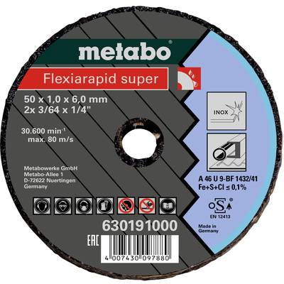 Schleifscheibe 'metabo Flexiarapid super' mit Maßen 50x1,0x6,0 mm. Für Inox geeignet, enthält weniger als 0,1 % Fe+S+Cl. Made in Germany.