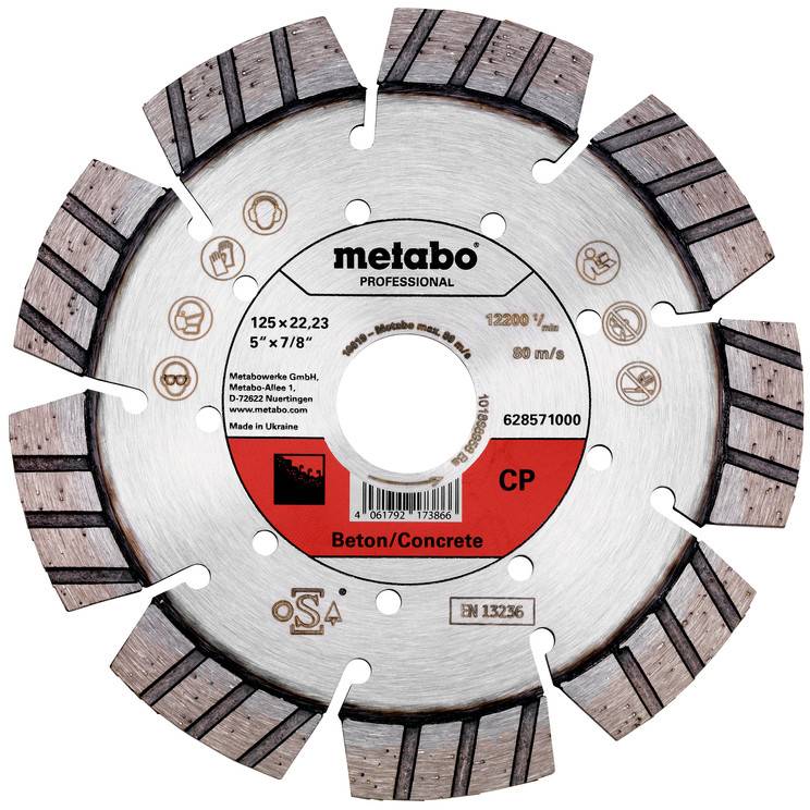 Metabo Professionelle segmentierte Diamant-Sägeblatt für Beton, beschriftet mit 125 x 22,23 mm und „Beton/Concrete".