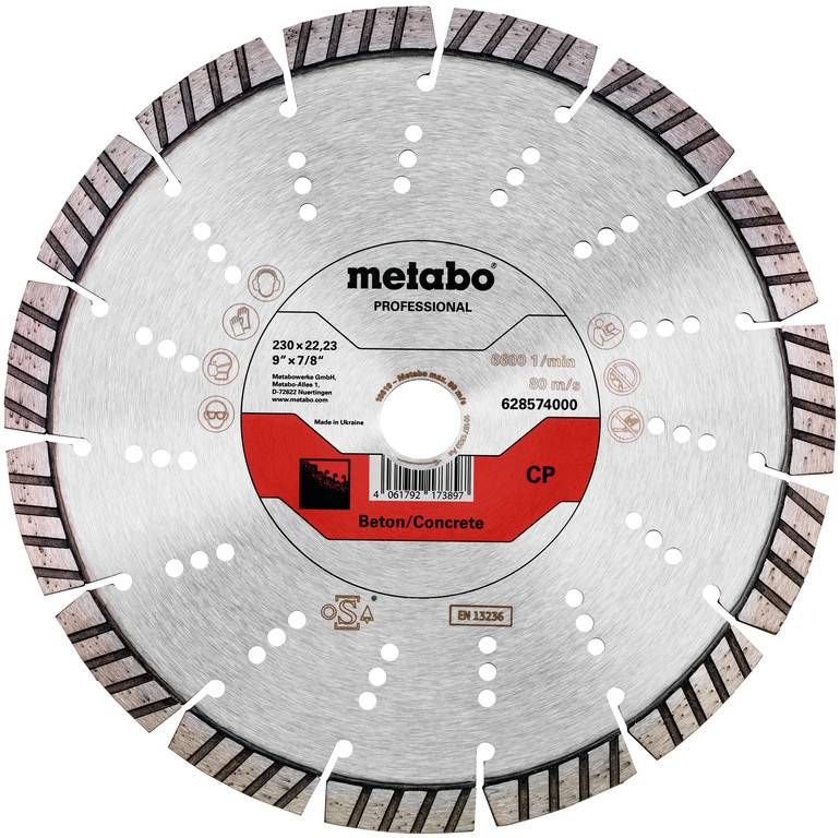 Ein professioneller Metabo Diamanttrennscheibe mit der Bezeichnung „Beton/Concrete" zum Schneiden von Beton, zeigt eine silberne Scheibe mit segmentiertem Rand und zentralen Produktinformationen.