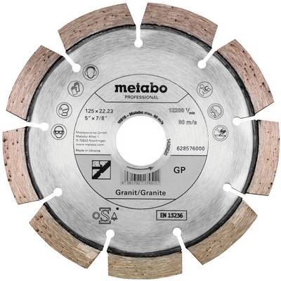 Metabo Professional segmentierte Diamanttrennscheibe zum Schneiden von Granit, gekennzeichnet mit 125 x 22,23 mm und EN 13236-Zertifizierung.