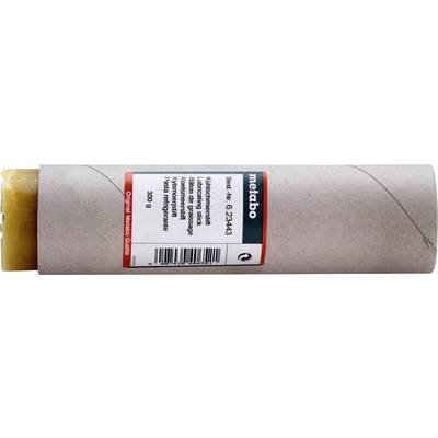 Zylindrischer brauner Papierbecher mit der Bezeichnung „metabo" mit Produktdetails und einem Barcode, aus dessen einem Ende gelbes Material herausragt.