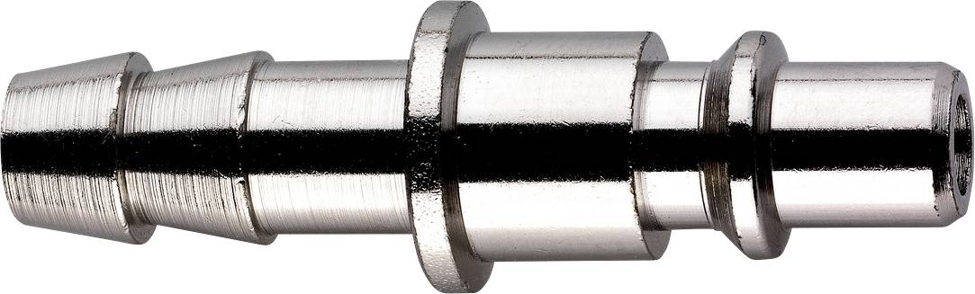 Metallischer Stufenwelle oder Verbindungsfitting mit gezahntem Flansch in der Mitte, in Nahaufnahme auf weißem Untergrund dargestellt.