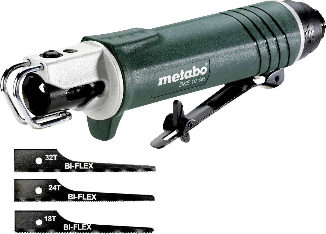 Metabo DKS 10 Set tragbare Druckluftsäge mit drei BI-FLEX-Sägeblättern mit den Bezeichnungen 32T, 24T und 18T.