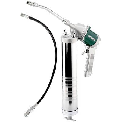 Handfettpresse von Metabo mit flexiblem Schlauch und Auslösergriff, geeignet zum präzisen Auftragen von Schmiermitteln in industriellen Anwendungen.