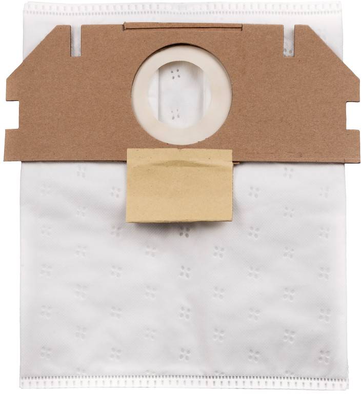 Weißer Staubsaugerbeutel mit brauner Karton-Befestigungsmanschette und kreisförmiger Öffnung in der Mitte oben.