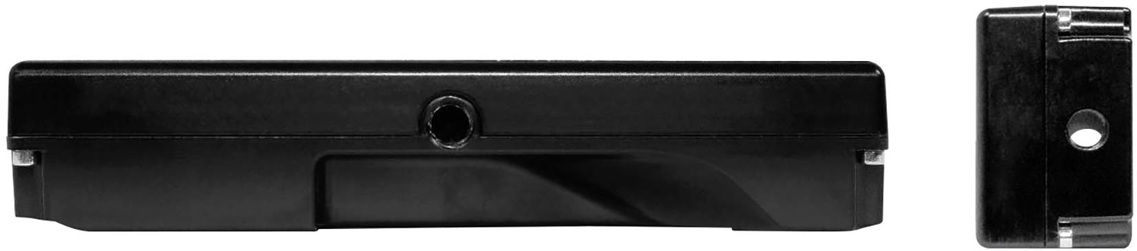 Schwarze elektronische Türverriegelung mit Sicht auf die Vorder- und Seitenansicht, zeigt die Öffnung für den Schlüssel oder Schalter.