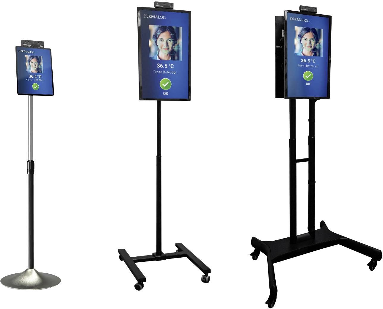 Drei Temperatur-Scan-Geräte auf unterschiedlichen Ständern, zeigen jeweils 36,5 Grad Celsius mit einem grünen Häkchen an.