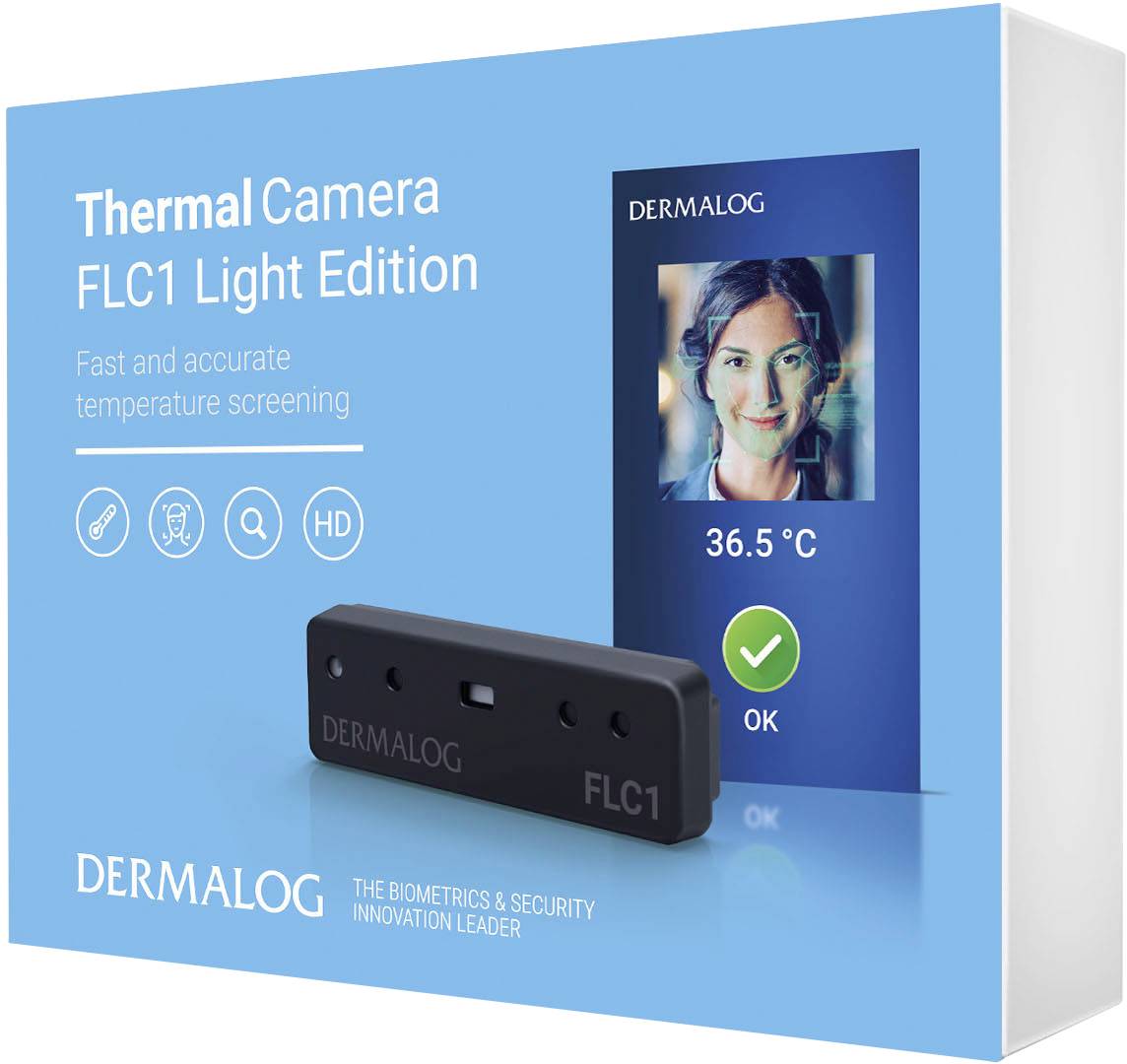 Verpackung der Dermalog Thermal Camera FLC1 Light Edition mit Abbildung des Geräts und einer Frau, deren Temperatur auf 36,5 °C angezeigt wird.