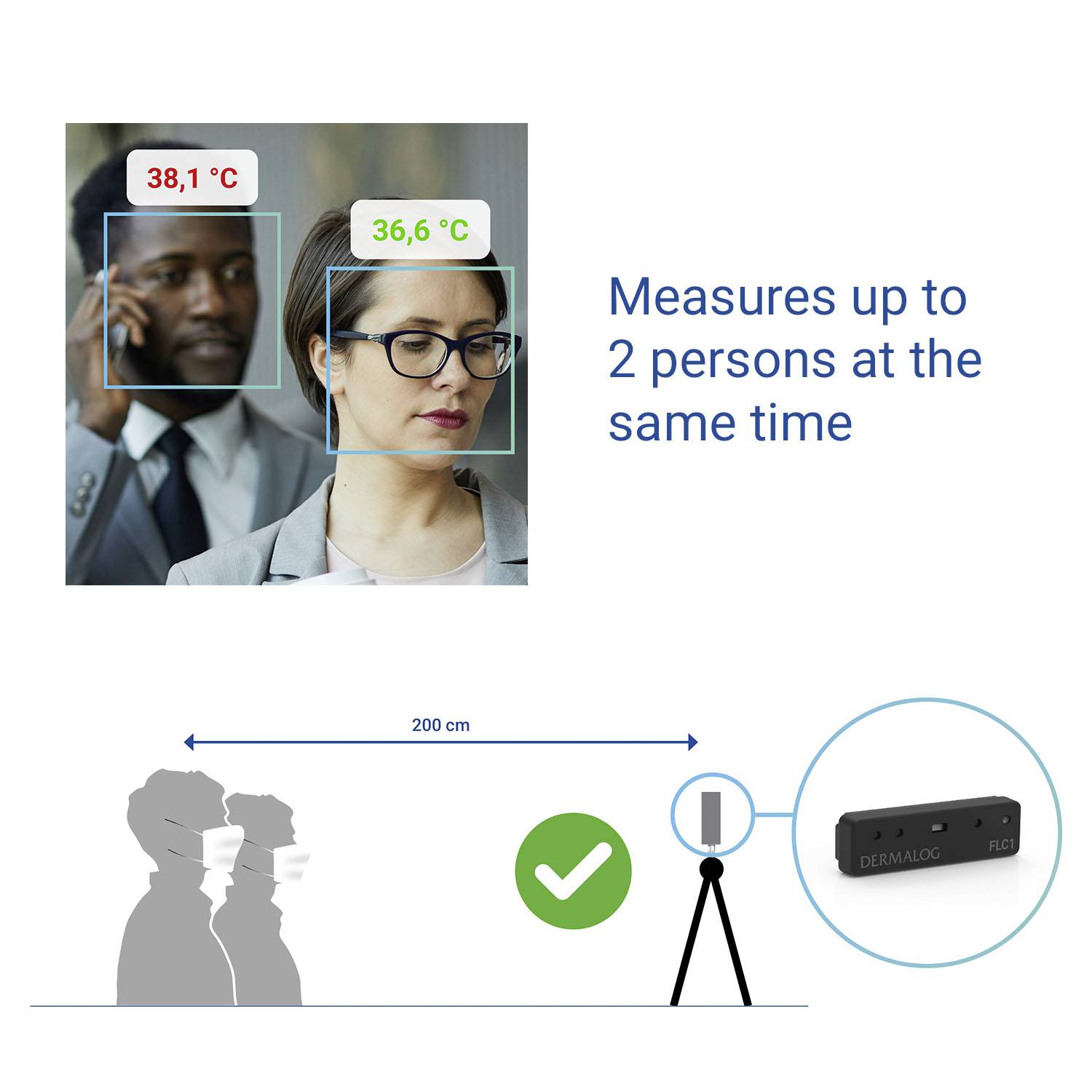 Das Bild zeigt ein Temperaturmessgerät, das gleichzeitig die Temperatur von zwei Personen misst; links 38,1°C, rechts 36,6°C.