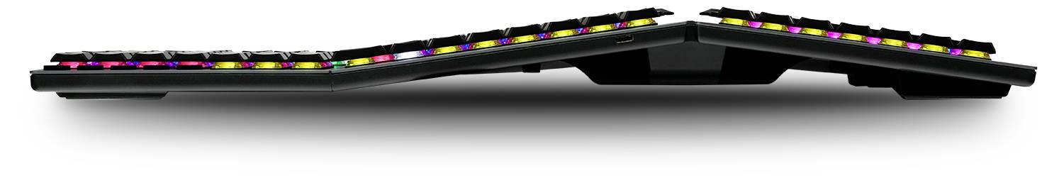 Eine mechanische Tastatur mit ergonomischem Design, zweigeteilt mit aufsteigenden Seitenteilen, und bunter RGB-Hintergrundbeleuchtung.
