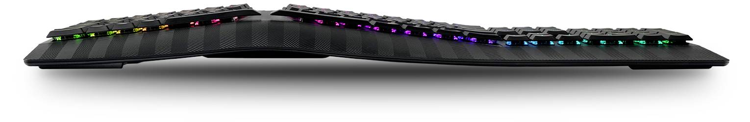 Ergonomische Tastatur mit geschwungenem Design, beleuchteten Tasten in Regenbogenfarben. Geeignet für komfortables Tippen.