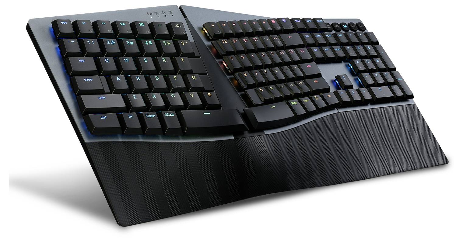 Ergonomische Tastatur mit geteiltem Design und farblich beleuchteten Tasten, die eine komfortable Handhaltung beim Tippen unterstützen.
