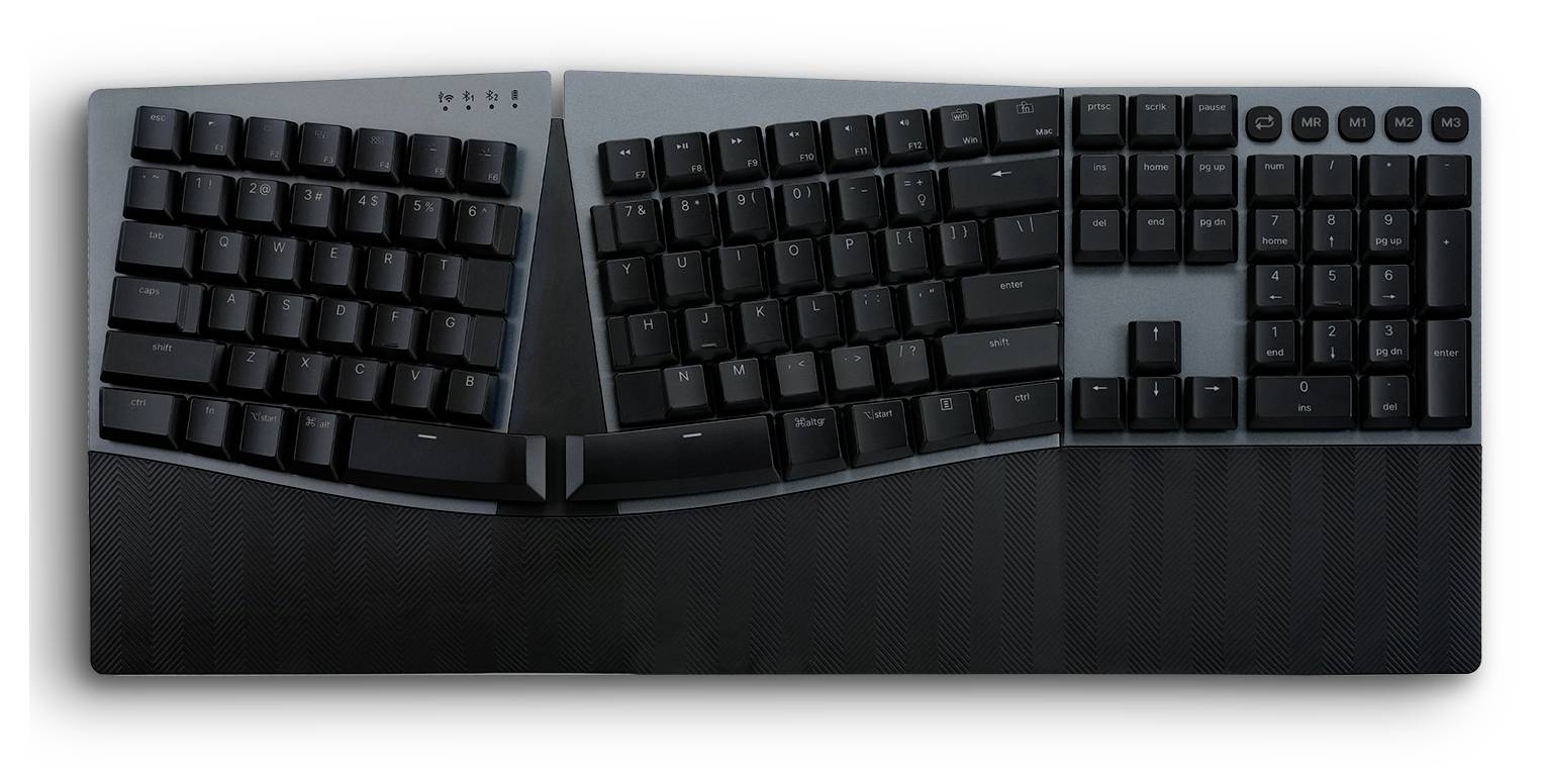 Ergonomische, geteilte Tastatur mit schwarzer, leicht gewölbter Form zur Förderung einer natürlichen Handhaltung beim Tippen.