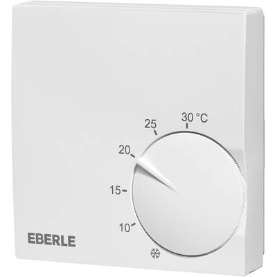 Ein weißes Thermostat mit Drehregler von Marke 'Eberle'; Temperaturbereich: 10 bis 30 Grad Celsius; aktueller Wert: ca. 21 Grad.