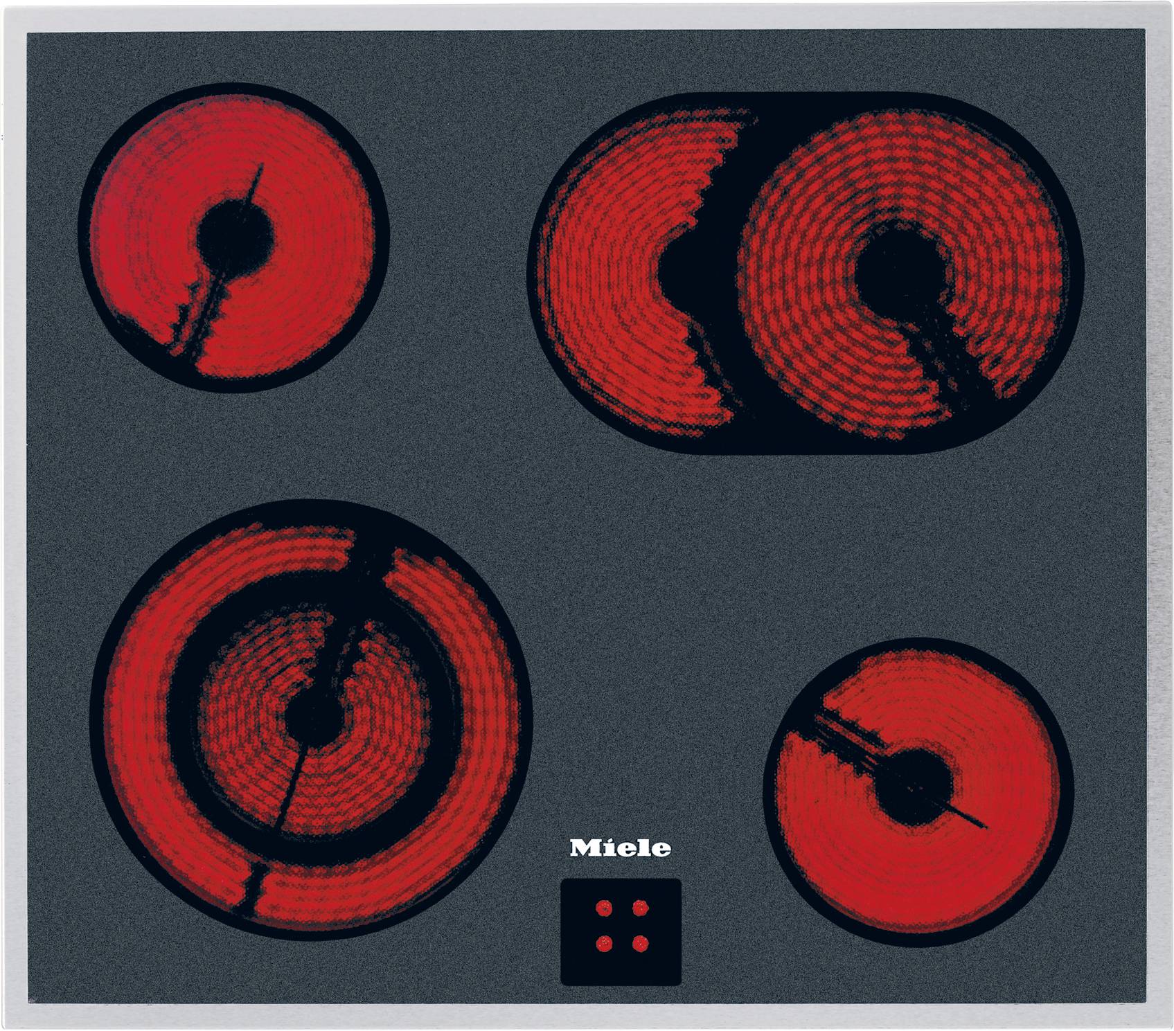 Ein Elektrokochfeld mit vier rot beleuchteten Kochzonen in unterschiedlichen Größen auf grauer Fläche. Markenname 'Miele' unten.