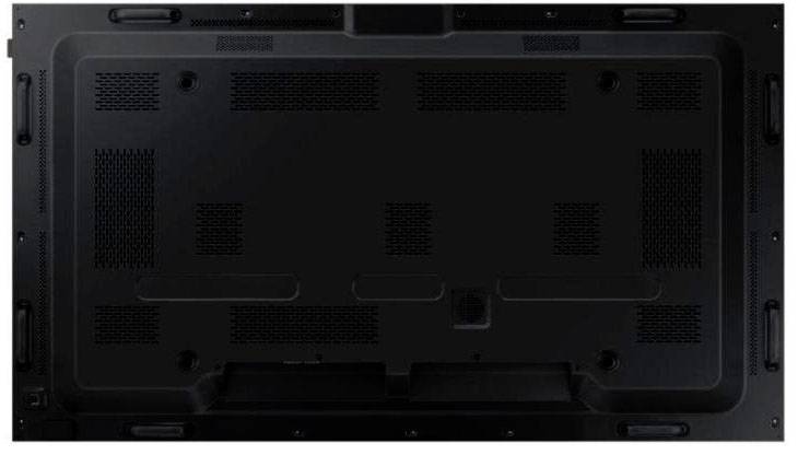 Rückseite eines schwarzen Flachbildfernsehers mit sichtbaren Lüftungsgittern und Montagemöglichkeiten.