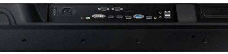 Anschlüsse auf der Rückseite eines Computermonitors, darunter HDMI, VGA, DisplayPort, USB und Audiobuchsen.