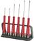 Sechs rote Schraubendreher mit schwarzen Spitzen in einem schwarzen Halter. Werkzeugset für präzise Arbeiten, wie z.B. Uhrmacherei.