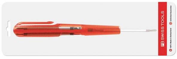 Verpackter orange-roter Schraubendreher von PB Swiss Tools mit ergonomischem Griff auf weißem Hintergrund.
