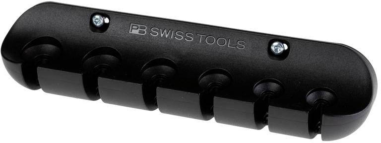 Halterung für Schraubenzieher, schwarz, mit sechs Halteclips, geeignet zur Wandmontage, Marke 'PB Swiss Tools'.
