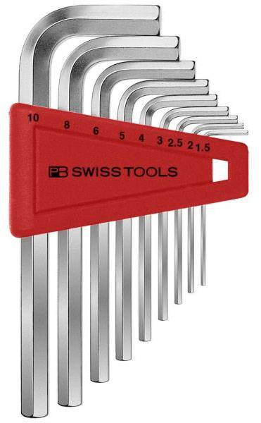 Satz von neun Inbusschlüsseln in verschiedenen Größen, geordnet in einem roten Halter mit 'PB Swiss Tools' Aufschrift.