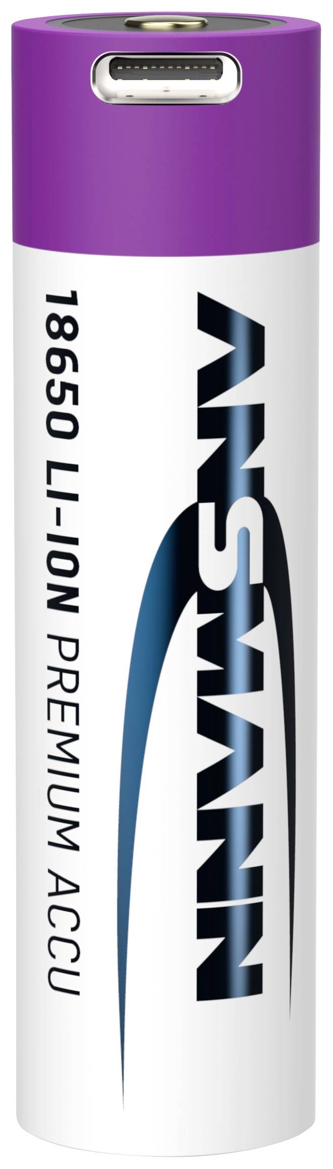 '18650 Li-Ion Premium Akku' von Ansmann, lila-weißer Zylinder, obere USB-Ladebuchse sichtbar.