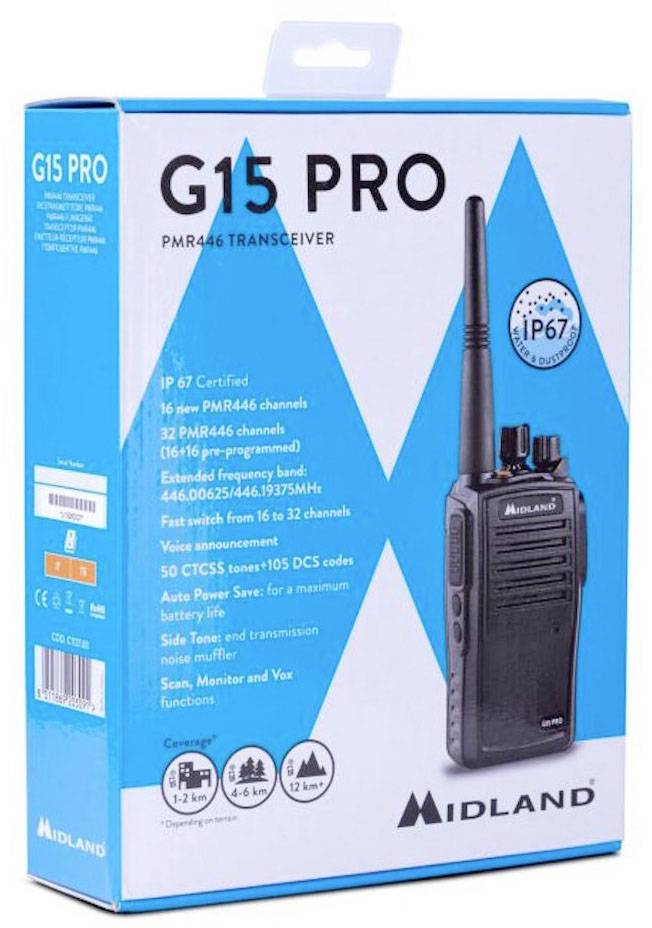'Midland G15 PRO' Funkgerätverpackung mit Eigenschaften: IP67-zertifiziert, 32 Kanäle, 12 km Reichweite, automatisches Sparen, Vox-Funktion.