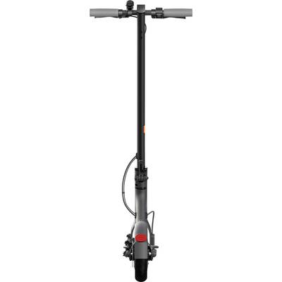 Elektroroller mit schwarzem Lenker und grauer Basis, Vorderansicht. Lenker hat Brems- und Steuerungshebel. Kein Fahrer sichtbar.