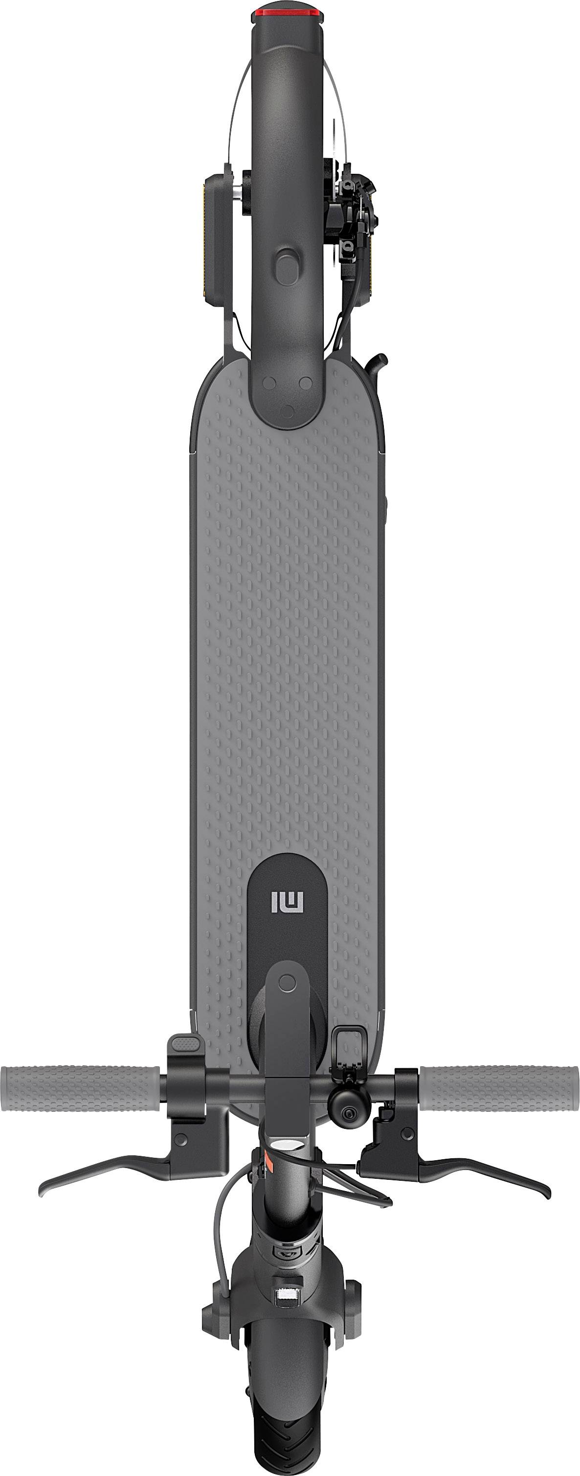 Elektroroller von oben gesehen, mit grauer Standfläche und schwarzem Lenker.