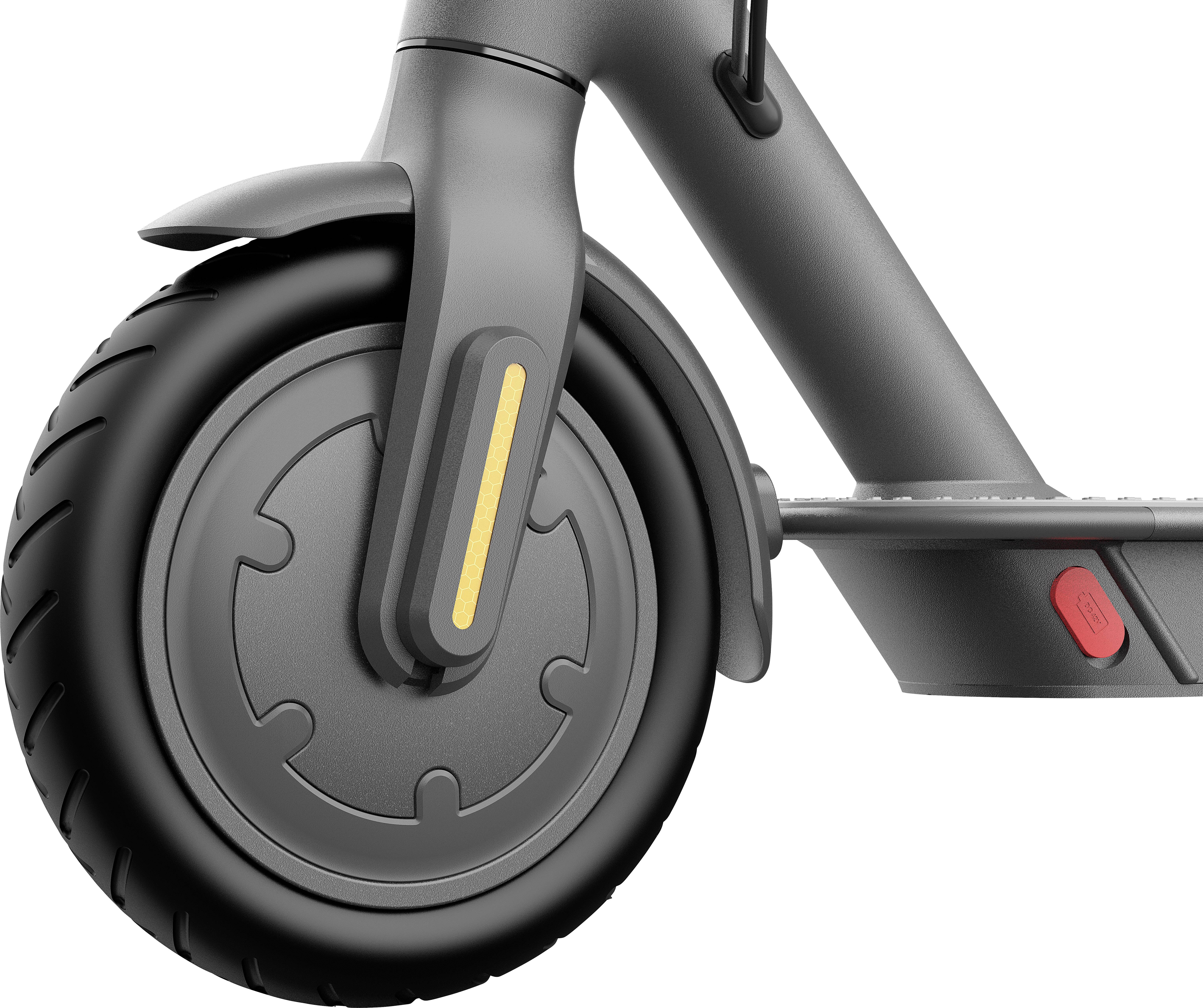 Vorderreifen eines grauen Elektrorollers mit sichtbarem Schutzblech und Seitenständer.