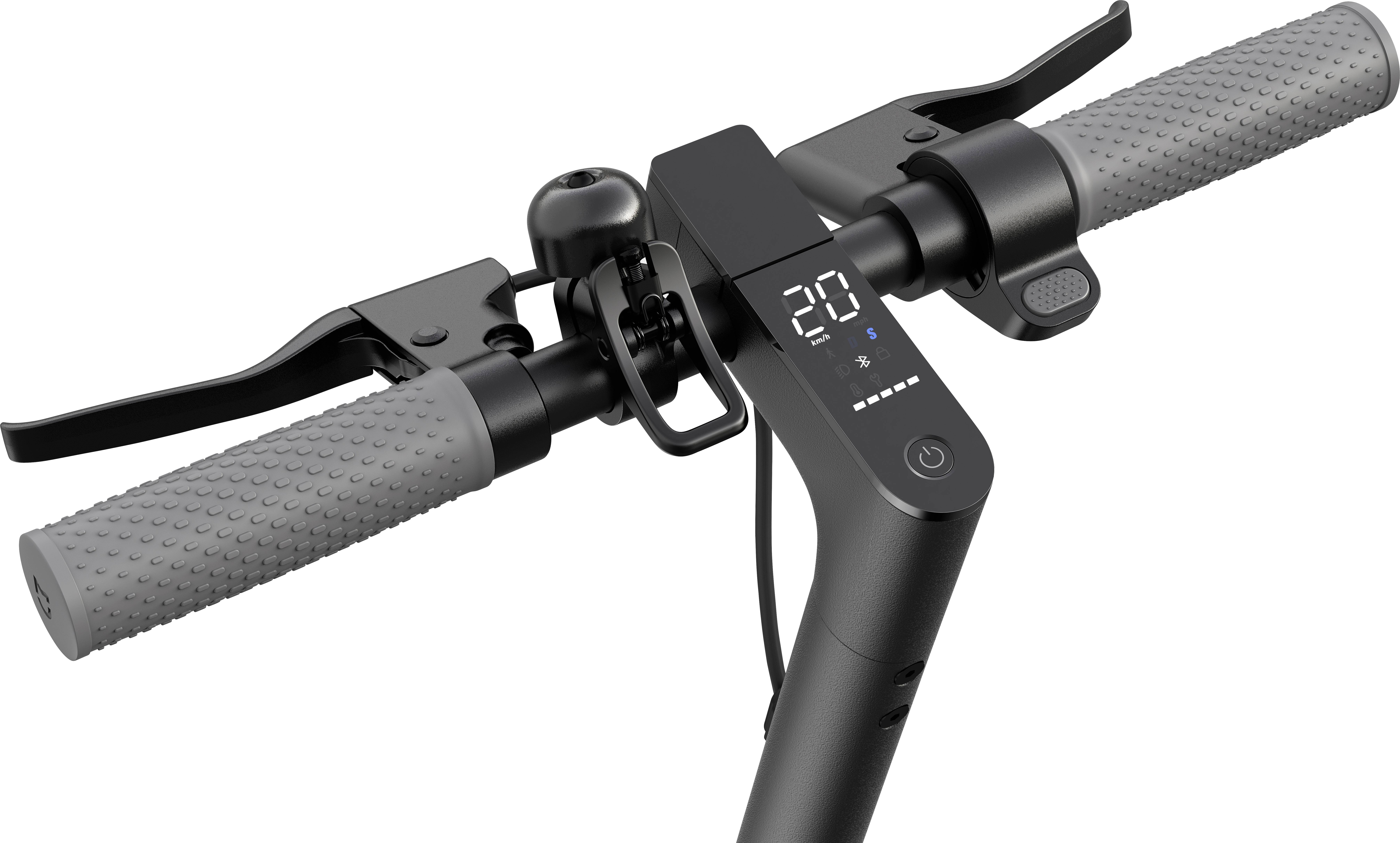 Lenker eines Elektrorollers mit grauen Griffen und digitalem Display, das '20' anzeigt. Bremshebel sind links und rechts sichtbar.